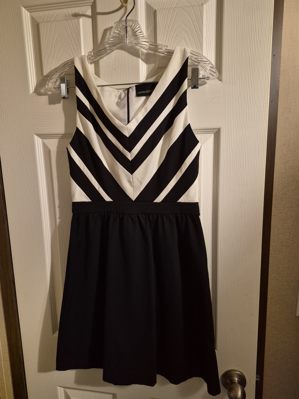 Cynthia Rowley Black and White Chevron V-Neck Fit & Flare Dress